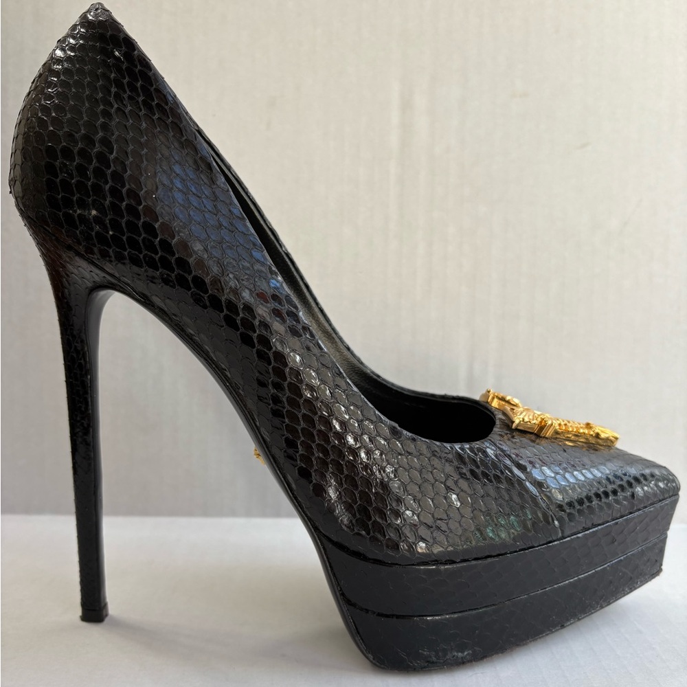 Versace Black Python Snakeskin Playform High Heel Pointy Stiletto Size 41 - Picture 2 of 16